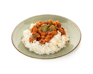 Plate with tasty chili con carne, rice and pickled jalapeno on white background