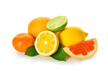 Healthy citrus fruits on white background