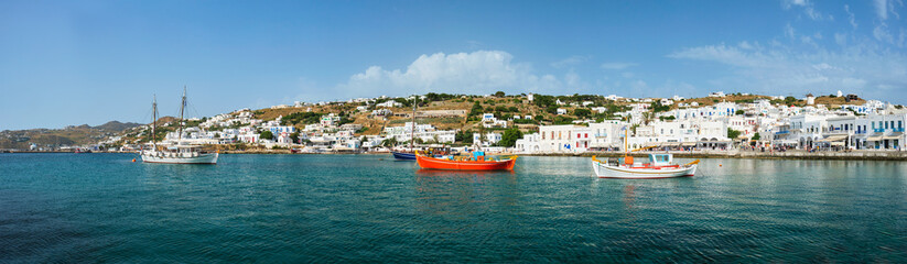 Greek fishing boat in port of Mykonos