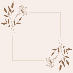 Naklejka premium Floral Wreath branch in hand drawn style. Floral Rectangle brown and Pink frame of twigs, leaves and flowers. Frames for the Valentine's day, wedding decor, logo and identity template.