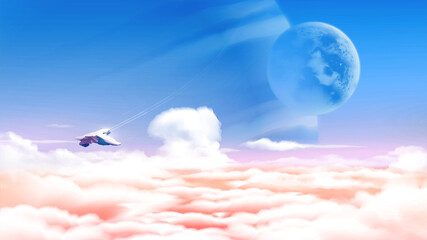 an alien planet above the sea of clouds with the vast view of massive planets in the background. © Bryan Vectorartist