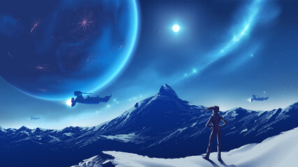 a lady standing on the peak looking at vast mountain scenery viewable of habitable planet in the sky, on an unknown planet.