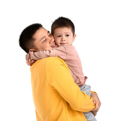 Happy father and his little son on white background