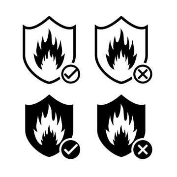 Heat resistant sign. Fire resistance. Shield with fire, flame icon. Refractory sign with checkmark and cross sign. Illustration vector	