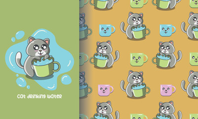 Cat and a glass of water seamless pattern Free Vector Download