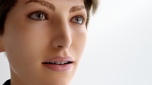 close up portrait of a woman white background studio 3D illustration render