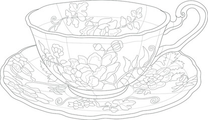 Realistic tea mug with vintage retro flower decor sketch template. Cartoon vector illustration in chinese style in black and white for games, background, pattern, decor. Coloring paper, page, book