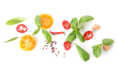 Fresh basil leaves and products on white background