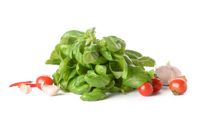 Fresh basil leaves and products on white background