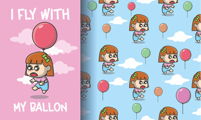 Cute little boy flying with balloon seamless pattern Free Vector Download