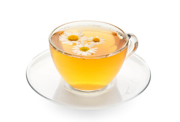 Cup of tasty chamomile tea on white background