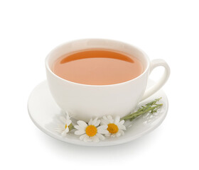 Cup of tasty chamomile tea on white background