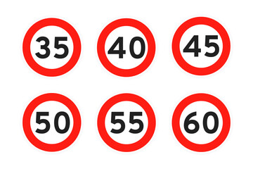 Speed limit 35, 40, 45, 50, 55, 60 round road traffic icon sign flat style design vector illustration set isolated on white background. Circle standard road sign with number kmh.