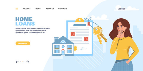 Landing page template with woman thinking about mortgage loan for home. Concept of mortgage. Vector illustration in flat