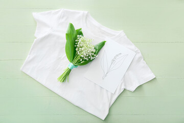 Beautiful lily-of-the-valley flowers, t-shirt and greeting card on white wooden background