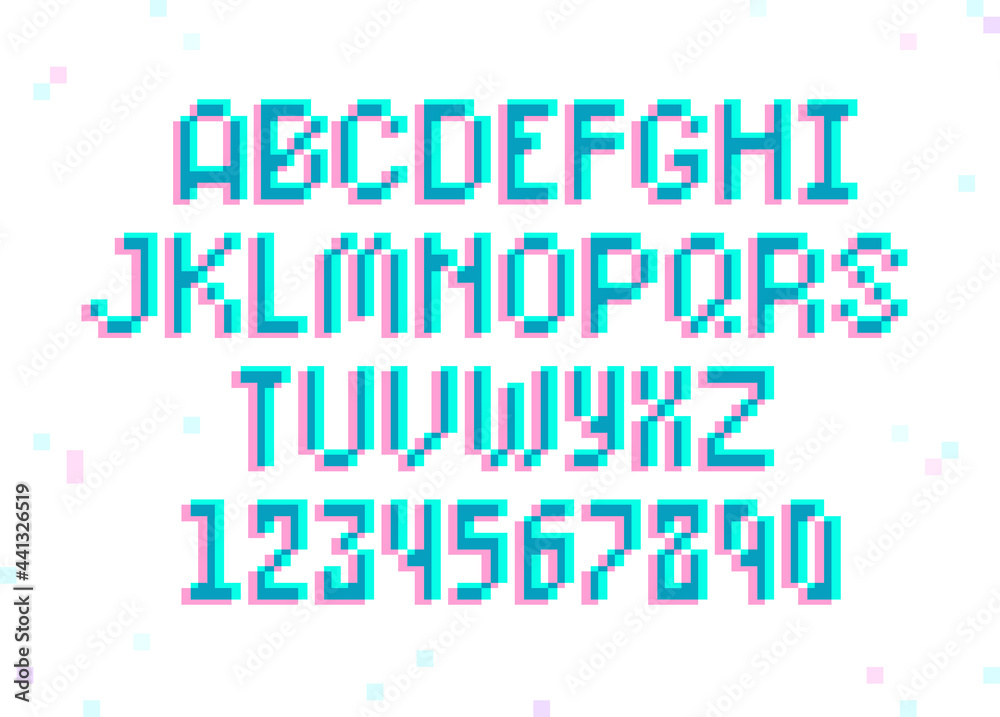 Poster pixel 8-bit retro type font and numbers in glitch style vector template. digital futuristic holograp