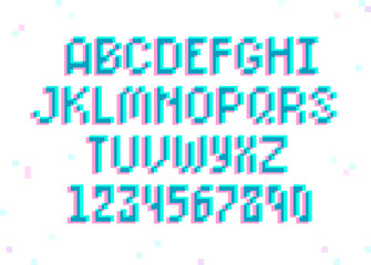 Pixel 8-bit retro type font and numbers in glitch style vector template. Digital futuristic holographic pixel font. Pixelated alphabet and numbers 80s - 90s style isolated on white background