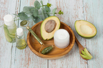 Trends of natural cosmetics skin care. Flat lay style on grey background.