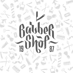 Concept of Barber Shop logo design in lettering style vector template. Barbershop calligraphy for label, badge, emblem design
