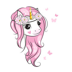 Portrait of drawing unicorn and  butterfly. Little unicorn with pink mane  and a wreath of flowers on his head.  Beautiful picture for your design. Hand drawn illustration  on white. Isolated.