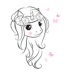 Hand drawn illustration of cute little unicorn  with a wreath of flowers on his head.  Black and white line illustration for coloring book. Silhouette.  Isolated 
