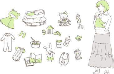 赤ちゃんを抱く女性とベビー用品のイラストセット