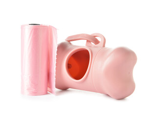 Dispenser with pet waste bags on white background