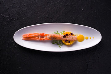 dish with marinated scampi and mango mousse. dark background top view