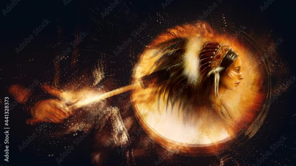 Poster shamanic girl with frame drum on abstract structured space background.