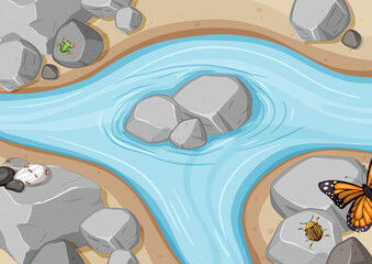 Top view of river scene with frogs