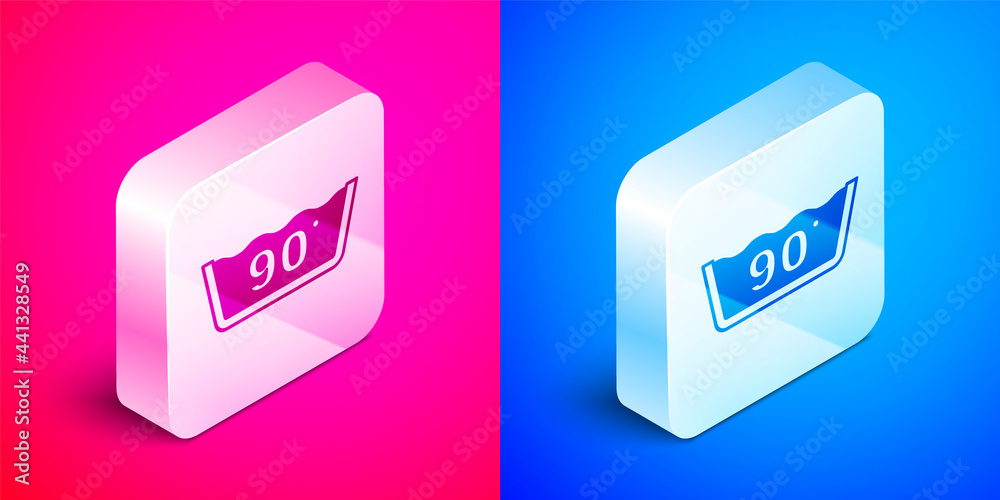 Wall mural Isometric Washing under 90 degrees celsius icon isolated on pink and blue background. Temperature wash. Silver square button. Vector