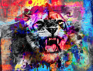 colorful artistic roaring lion and cat with bright paint splatters on white background. © reznik_val