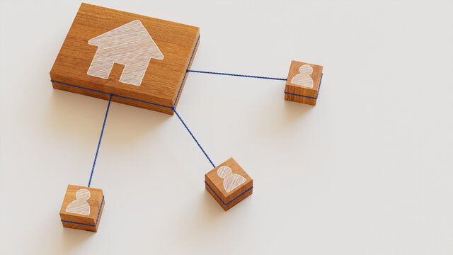 Internet Technology Concept with home Symbol on a Wooden Block. User Network Connections are Represented with Blue string. White background. 3D Render.