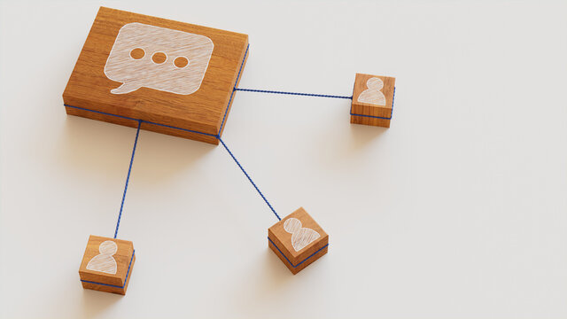 Text Technology Concept with sms Symbol on a Wooden Block. User Network Connections are Represented with Blue string. White background. 3D Render.