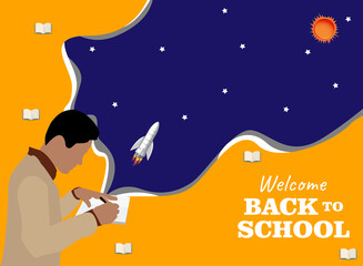 Vector illustration, boy writing, isolated space background, back to school, eps 10