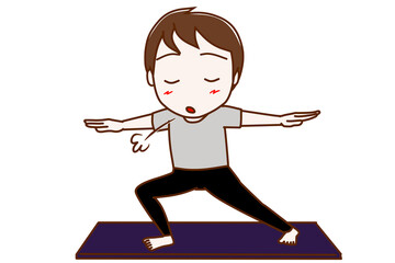 ＜全身・正面＞大きく息を吐きながらヨガのポーズをしてストレッチする男性