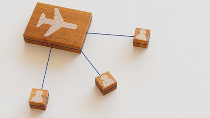Flight Technology Concept with airplane Symbol on a Wooden Block. User Network Connections are Represented with Blue string. White background. 3D Render.