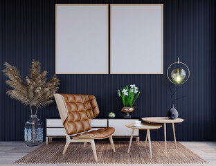 3d rendering,3d illustration, Interior Scene and Frame mockup,Dark gray slatted walls living area with light wood furniture.