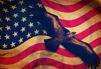 American National Flag waving. USA National symbol. Eagle flight. Independence Day. Old paper...