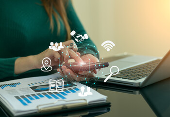 Business strategy investment concept Two businessman confident and discussing at office with icons...