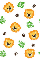Seamless pattern for childrens with lion, leaf and footsteps on white background
