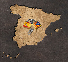 Conceptual image of the political conflict between Spain and Catalonia. Padlocks on map of Spain....