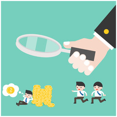 Hand hold magnify glass with group of cute businessman Free Vector