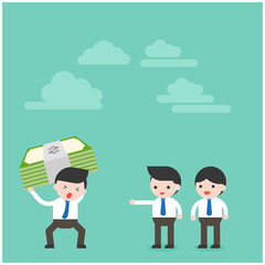 Depressed Businessman or manager lift big hard bundle money over back, burden concept Free Vector