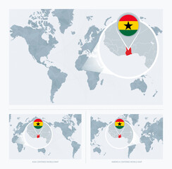 Magnified Ghana over Map of the World, 3 versions of the World Map with flag and map of Ghana.