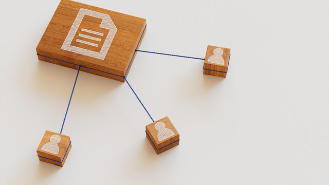 Word document Technology Concept with document Symbol on a Wooden Block. User Network Connections are Represented with Blue string. White background. 3D Render.