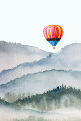 Watercolor balloon on mountain background drawn by brush.