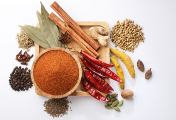 Indian garam masala powder and whole ingredients spices for curry