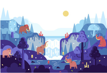 Woolly Mammoth in flat cartoon stile - panorama with elephants near water, vector illustration