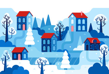 Winter landscape with ice lake and houses with red roofs. Vector flat cartoon illustration